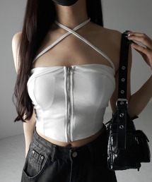 me+em select（ミームセレクト）の「【 カップ付 】ジップアップクロスストラップリボンベアトップス ／ zip up cross strap ribbon bare tops（キャミソール・レディース）」