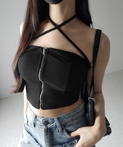 セール】【 カップ付 】ジップアップクロスストラップリボンベア