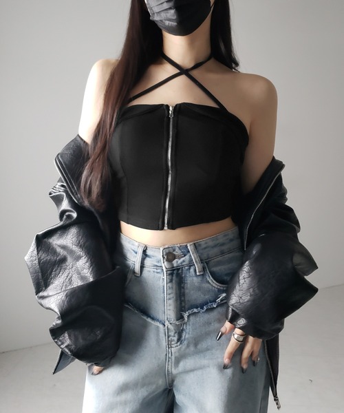 カップ付 】ジップアップクロスストラップリボンベアトップス ／ zip