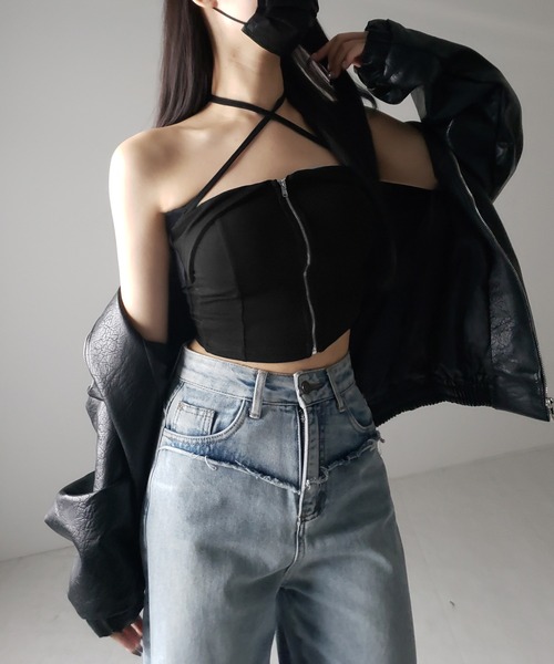 me+em select(ミームセレクト)の「【 カップ付 】ジップアップクロスストラップリボンベアトップス / zip up cross strap ribbon bare tops(キャミソール・レディース・グレー/ホワイト/ブラック・FREE)」の20枚目の写真