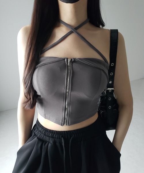 カップ付 】ジップアップクロスストラップリボンベアトップス ／ zip