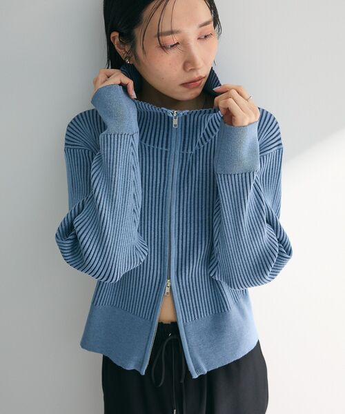 Green　Parks（グリーンパークス）の「配色リブZipニットカーディガン（カーディガン/ボレロ・レディース・ピンク/グレー/ブルー・FREE）」の8枚目の写真