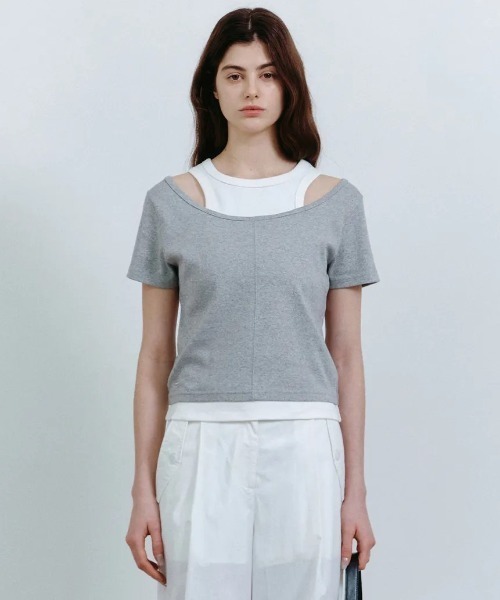 .KOM(ドットコム)の「A'GEM/9 × .kom 『FALLETT/ファレット』 LAYERED SHORT SLEEVE/レイヤードショートスリーブ(Tシャツ/カットソー・レディース・ホワイト/グレー・M)」の1枚目の写真