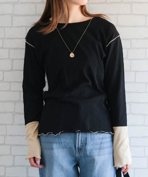 aquagarage(アクアガレージ)の「配色シアーカットソー(Tシャツ/カットソー・レディース・ベージュ系その他/ホワイト×ブルー/ホワイト系その他・M)」の3枚目の写真