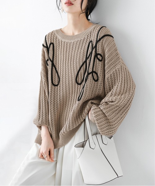 AMELY(エミリー)の「コード刺繍 透かし編みニット(ニット/セーター・レディース・ブラック/アイボリー/グレー/ベージュ・フリー)」の4枚目の写真
