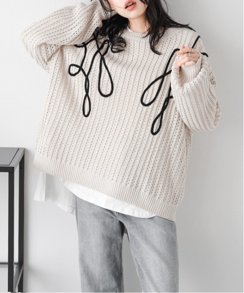 AMELY(エミリー)の「コード刺繍 透かし編みニット(ニット/セーター・レディース・ブラック/アイボリー/グレー/ベージュ・フリー)」の6枚目の写真