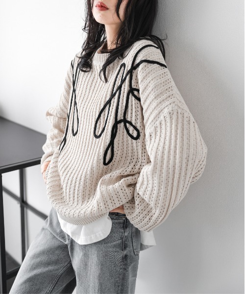 AMELY(エミリー)の「コード刺繍 透かし編みニット(ニット/セーター・レディース・ブラック/アイボリー/グレー/ベージュ・フリー)」の10枚目の写真