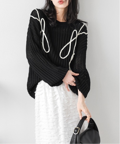 AMELY(エミリー)の「コード刺繍 透かし編みニット(ニット/セーター・レディース・ブラック/アイボリー/グレー/ベージュ・フリー)」の14枚目の写真