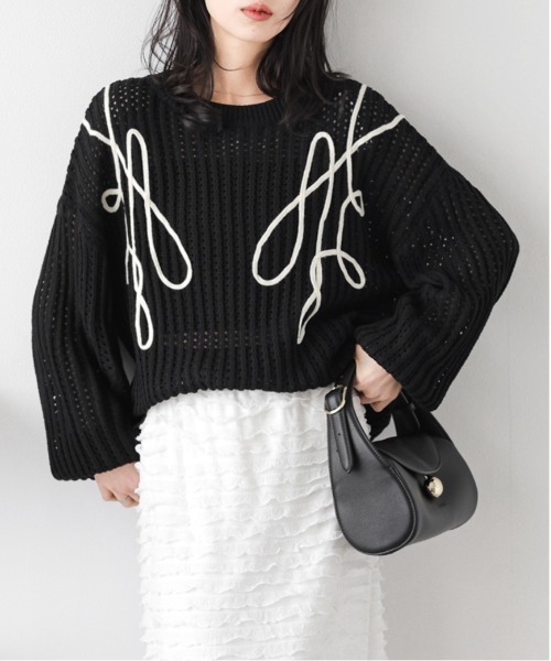 AMELY(エミリー)の「コード刺繍 透かし編みニット(ニット/セーター・レディース・ブラック/アイボリー/グレー/ベージュ・フリー)」の15枚目の写真