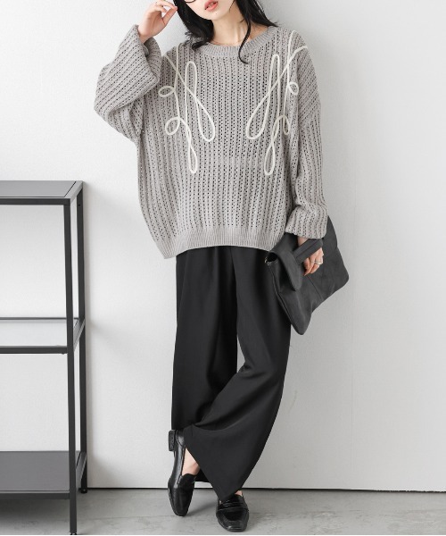 AMELY(エミリー)の「コード刺繍 透かし編みニット(ニット/セーター・レディース・ブラック/アイボリー/グレー/ベージュ・フリー)」の19枚目の写真