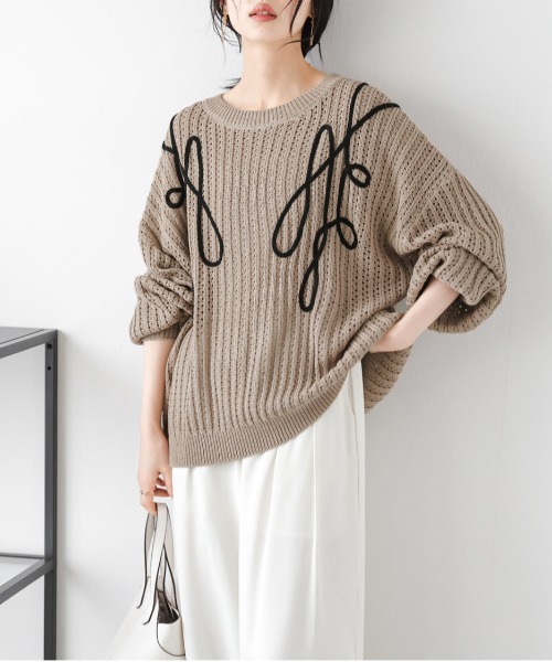 AMELY(エミリー)の「コード刺繍 透かし編みニット(ニット/セーター・レディース・ブラック/アイボリー/グレー/ベージュ・フリー)」の22枚目の写真