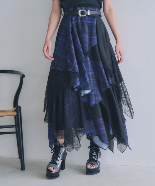 HARE ハレ MIXチェックランダムスカート ブラック×チェック 黒 セール】MIXチェックランダムスカート(HARE)（スカート）｜HARE