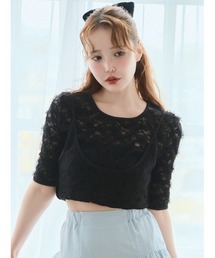 Stylevoice for xxx（スタイルヴォイスフォー）の「＜木村りかこさんコラボ＞2WAYガーターデザインレーストップス（Tシャツ/カットソー）」