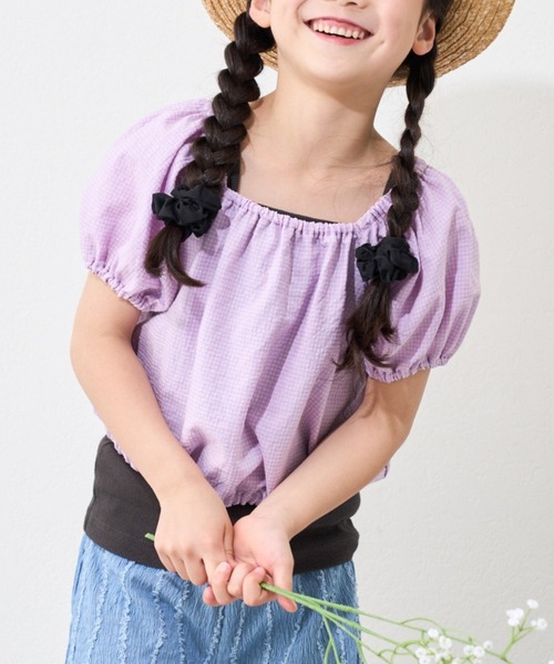 CIAOPANIC TYPY(チャオパニックティピー)の「【KIDS】ムジチェックパフスリーブクロップド丈ブラウス(シャツ/ブラウス・キッズ・イエロー/パープル/ホワイト/ブラック/オレンジ・SMALL/LARGE/X-LARGE/XX-LARGE/MEDIUM)」の3枚目の写真