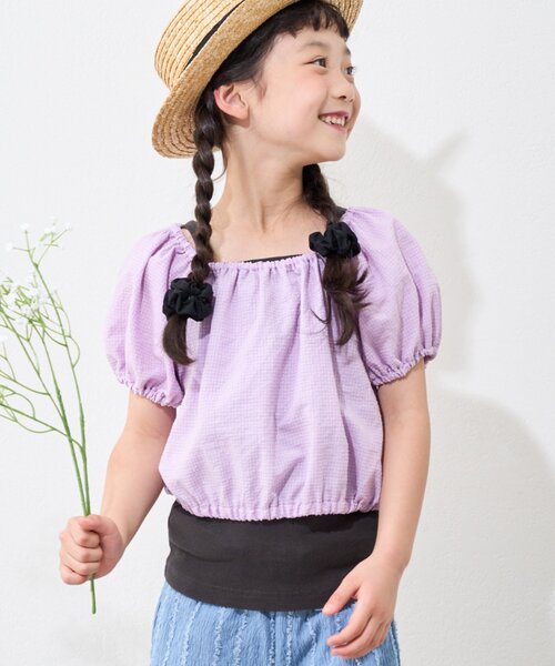 CIAOPANIC TYPY(チャオパニックティピー)の「【KIDS】ムジチェックパフスリーブクロップド丈ブラウス(シャツ/ブラウス・キッズ・イエロー/パープル/ホワイト/ブラック/オレンジ・SMALL/LARGE/X-LARGE/XX-LARGE/MEDIUM)」の6枚目の写真