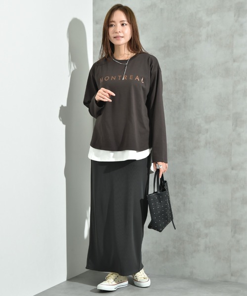 INTERPLANET(インタープラネット)の「クルーネック箔プリントロンT(Tシャツ/カットソー・レディース・アイボリー/チャコールグレー・FREE)」の6枚目の写真