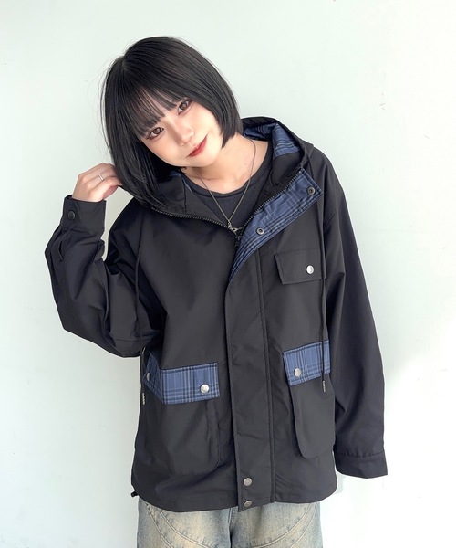 MandO(Auntie Rosa)(エムオー)の「ポイントチェックナイロンフーディジャケット(ブルゾン・メンズ・ネイビー/ブラック・LARGE/MEDIUM/SMALL)」の4枚目の写真