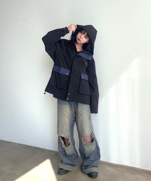 MandO(Auntie Rosa)(エムオー)の「ポイントチェックナイロンフーディジャケット(ブルゾン・メンズ・ネイビー/ブラック・LARGE/MEDIUM/SMALL)」の10枚目の写真