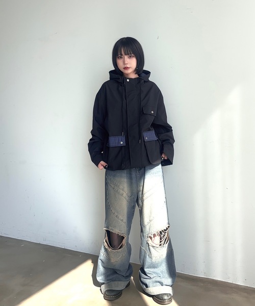 MandO(Auntie Rosa)(エムオー)の「ポイントチェックナイロンフーディジャケット(ブルゾン・メンズ・ネイビー/ブラック・LARGE/MEDIUM/SMALL)」の12枚目の写真