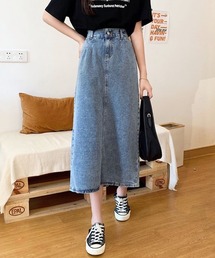 ロングデニムスカート スリット 着痩せ ハイウエスト タイトスカート