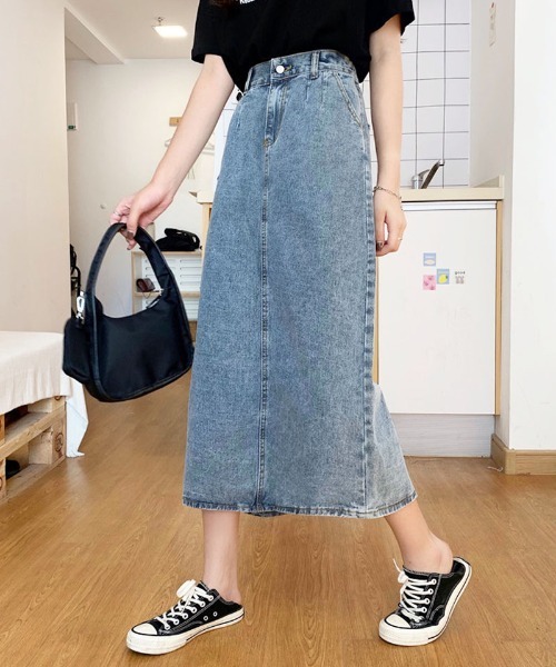 shoppinggo(ショッピングゴー)の「ロングデニムスカート スリット 着痩せ ハイウエスト タイトスカート(スカート・レディース・ブルー・L/M)」の4枚目の写真
