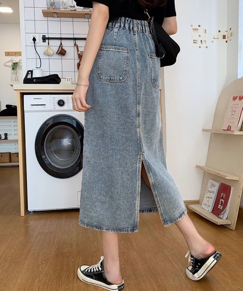 shoppinggo(ショッピングゴー)の「ロングデニムスカート スリット 着痩せ ハイウエスト タイトスカート(スカート・レディース・ブルー・L/M)」の5枚目の写真