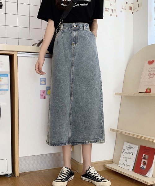shoppinggo(ショッピングゴー)の「ロングデニムスカート スリット 着痩せ ハイウエスト タイトスカート(スカート・レディース・ブルー・L/M)」の7枚目の写真
