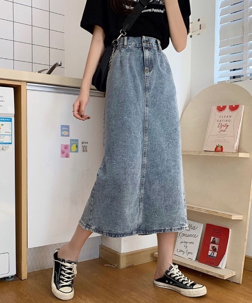 shoppinggo(ショッピングゴー)の「ロングデニムスカート スリット 着痩せ ハイウエスト タイトスカート(スカート・レディース・ブルー・L/M)」の8枚目の写真