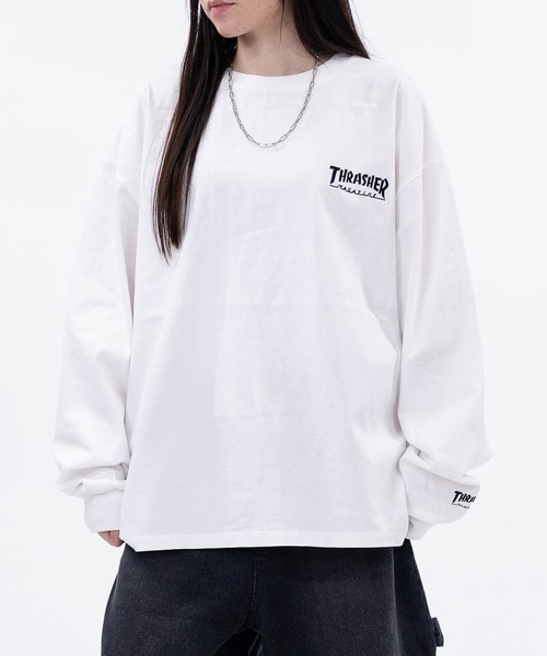 THRASHER(スラッシャー)の「【at】〔THRASHER/スラッシャー〕ワンポイント ロゴ/ハート アームエンブロイダリーロンT(Tシャツ/カットソー・メンズ・ブラウン/ブラック系1/ライトグレー系2/ブラック系2/ライトグレー系1/ダークパープル/ホワイト系1/ホワイト系2・MEDIUM/LARGE)」の1枚目の写真