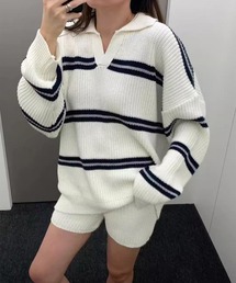 襟付きスキッパーネックルーズボーダーニット