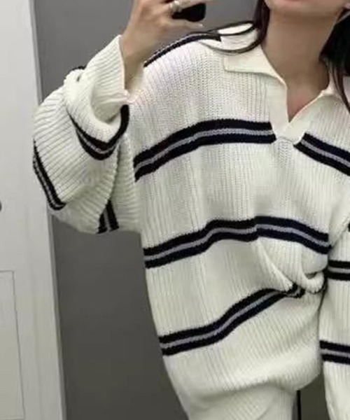 LYEON(リヨン)の「襟付きスキッパーネックルーズボーダーニット(ニット/セーター・レディース・オフホワイト・FREE)」の12枚目の写真