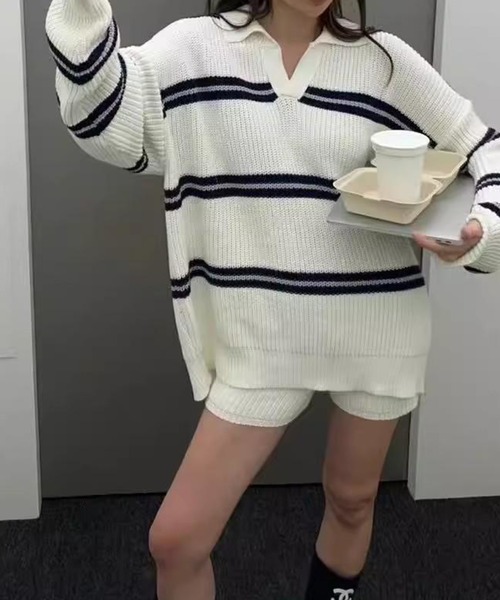 LYEON(リヨン)の「襟付きスキッパーネックルーズボーダーニット(ニット/セーター・レディース・オフホワイト・FREE)」の13枚目の写真
