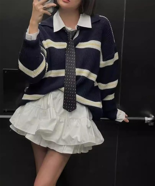 LYEON(リヨン)の「襟付きスキッパーネックルーズボーダーニット(ニット/セーター・レディース・オフホワイト・FREE)」の15枚目の写真
