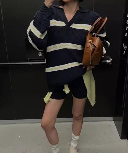 LYEON(リヨン)の「襟付きスキッパーネックルーズボーダーニット(ニット/セーター・レディース・オフホワイト・FREE)」の16枚目の写真