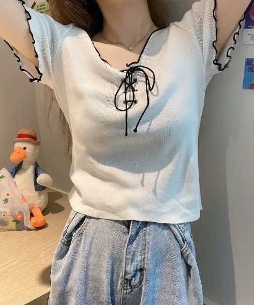 FUNdaysion(ファンデイション)の「配色メロー半袖ニットトップス(Tシャツ/カットソー・レディース・ブラック/ホワイト・M)」の5枚目の写真