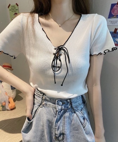 FUNdaysion(ファンデイション)の「配色メロー半袖ニットトップス(Tシャツ/カットソー・レディース・ブラック/ホワイト・M)」の6枚目の写真