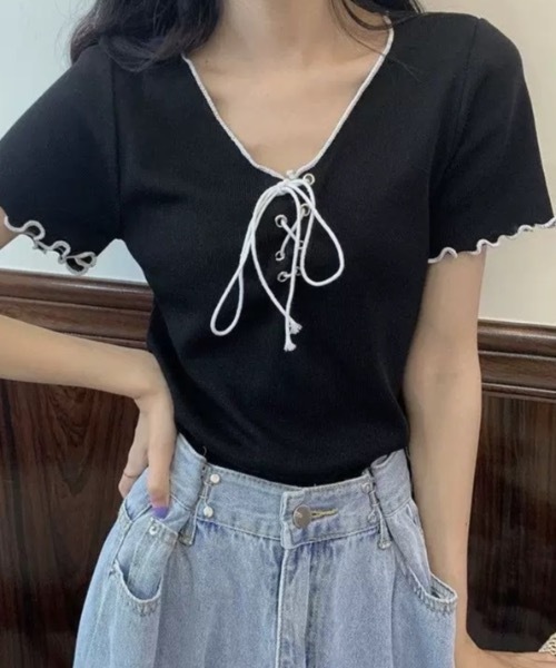 FUNdaysion(ファンデイション)の「配色メロー半袖ニットトップス(Tシャツ/カットソー・レディース・ブラック/ホワイト・M)」の10枚目の写真