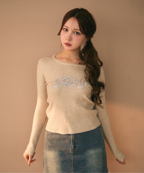 TITTY&CO.（ティティーアンドコー）の「ラインストーンリブロンT（Tシャツ/カットソー・レディース・アイボリー/チャコールグレー/ブラック/ベージュ/ブラウン/グレー・FREE）」の6枚目の写真