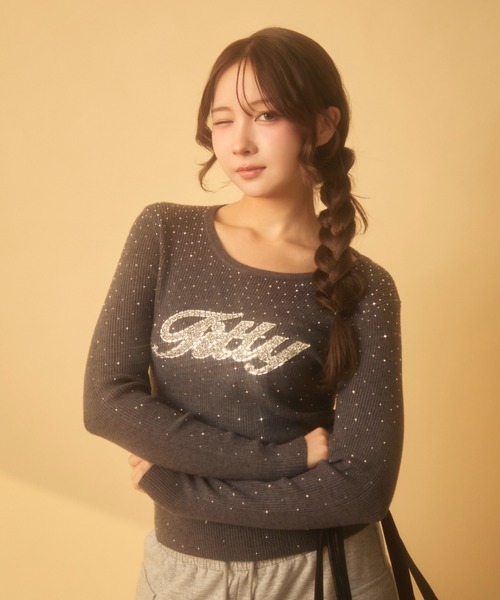 TITTY&CO.（ティティーアンドコー）の「ラインストーンリブロンT（Tシャツ/カットソー・レディース・アイボリー/チャコールグレー/ブラック/ベージュ/ブラウン/グレー・FREE）」の3枚目の写真