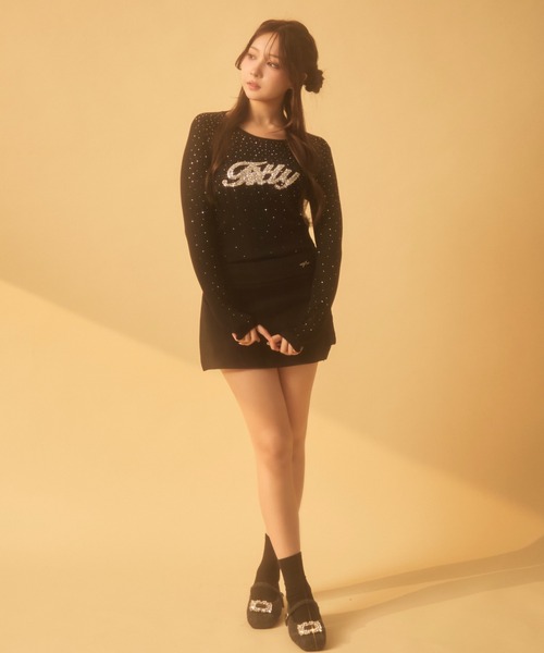 TITTY&CO.（ティティーアンドコー）の「ラインストーンリブロンT（Tシャツ/カットソー・レディース・アイボリー/チャコールグレー/ブラック/ベージュ/ブラウン/グレー・FREE）」の7枚目の写真