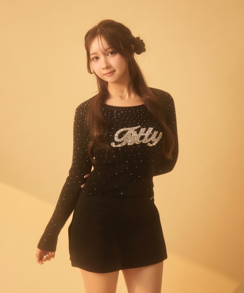 TITTY&CO.（ティティーアンドコー）の「ラインストーンリブロンT（Tシャツ/カットソー・レディース・アイボリー/チャコールグレー/ブラック/ベージュ/ブラウン/グレー・FREE）」の13枚目の写真