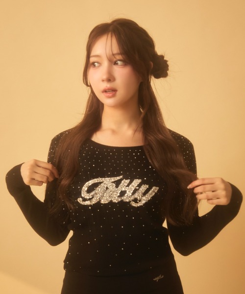 TITTY&CO.（ティティーアンドコー）の「ラインストーンリブロンT（Tシャツ/カットソー・レディース・アイボリー/チャコールグレー/ブラック/ベージュ/ブラウン/グレー・FREE）」の17枚目の写真