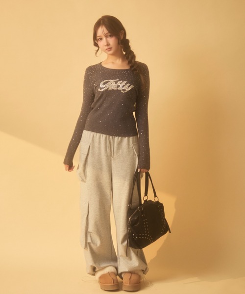 TITTY&CO.（ティティーアンドコー）の「ラインストーンリブロンT（Tシャツ/カットソー・レディース・アイボリー/チャコールグレー/ブラック/ベージュ/ブラウン/グレー・FREE）」の19枚目の写真