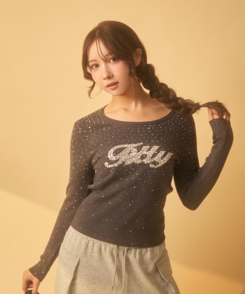 TITTY&CO.（ティティーアンドコー）の「ラインストーンリブロンT（Tシャツ/カットソー・レディース・アイボリー/チャコールグレー/ブラック/ベージュ/ブラウン/グレー・FREE）」の21枚目の写真