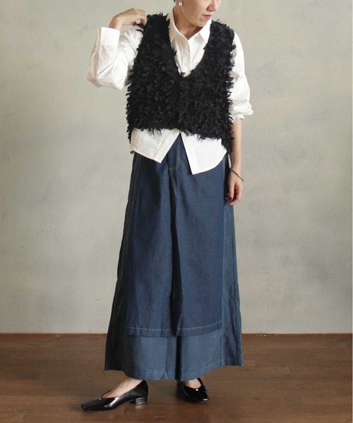 BITTOKO（ビットコ）の「ダブルフェイススカート風パンツ（デニムパンツ・レディース・ブラック/ネイビー・FREE）」の5枚目の写真