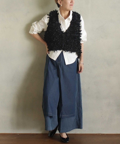 BITTOKO（ビットコ）の「ダブルフェイススカート風パンツ（デニムパンツ・レディース・ブラック/ネイビー・FREE）」の6枚目の写真