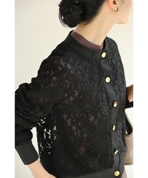 (黒)美しく透ける黒花の総レースカーディガン