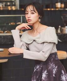 リボンオフショルフェザーニット