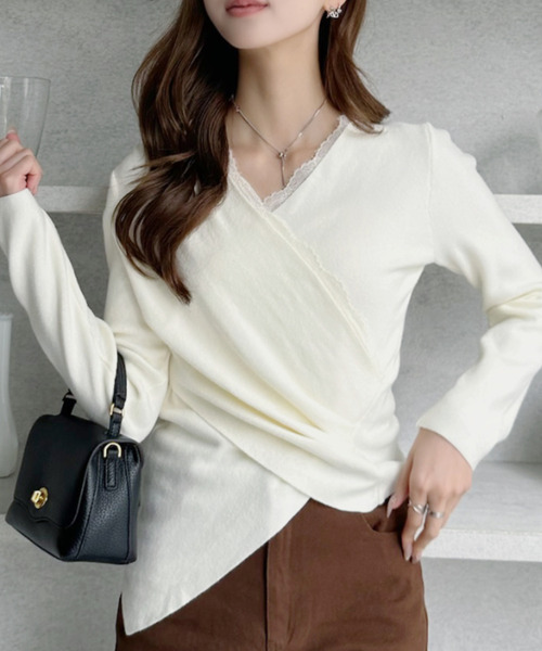 セール】カシュクール レース Vネック リブニット トップス（ニット