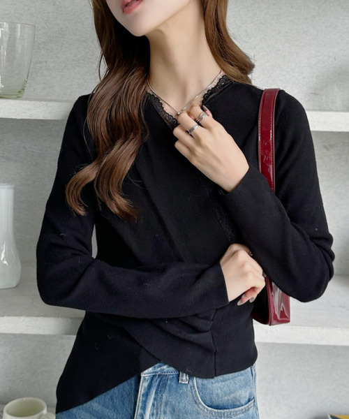 Ada.(エイダ)の「カシュクール レース Vネック リブニット トップス(ニット/セーター・レディース・ブラック/オフホワイト/グレー・FREE)」の13枚目の写真